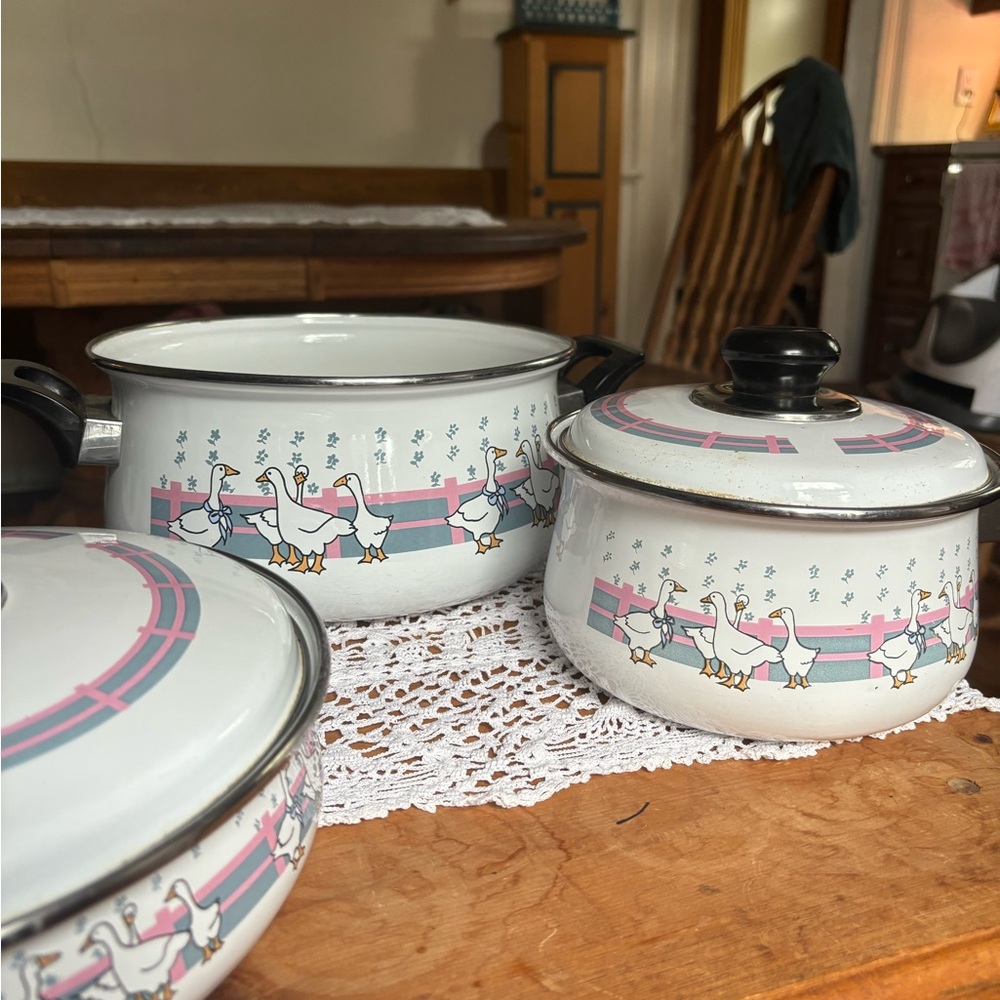 SOLD Vintage Enamel Geese Pot & Pan Set - Picture 9 of 9